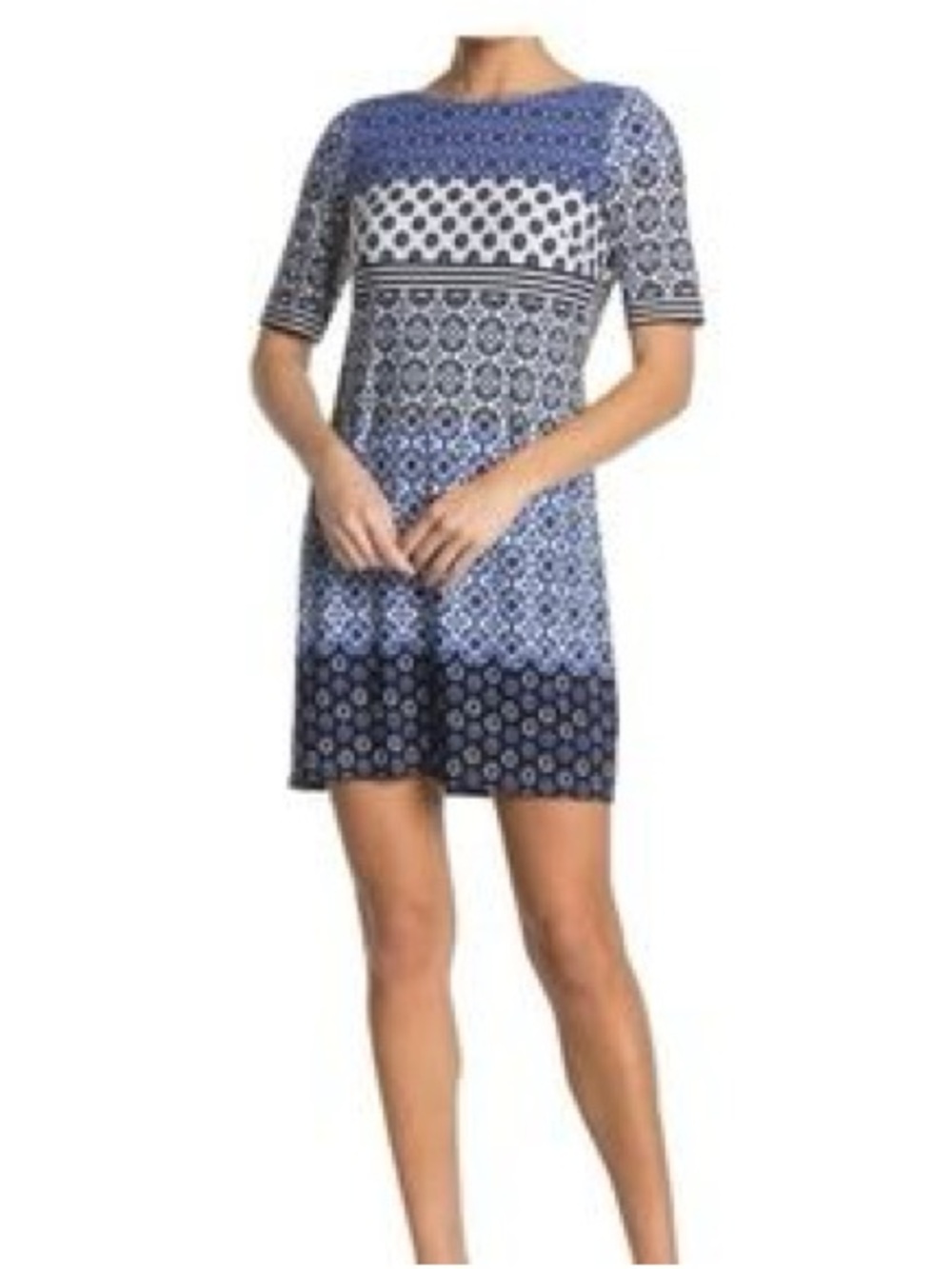 Eliza J Blue and White Printed Short-Sleeve Shift Dress